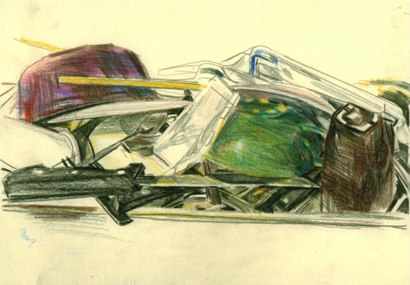Still life with the dishes, crayon on paper, 24x31cm, 2011